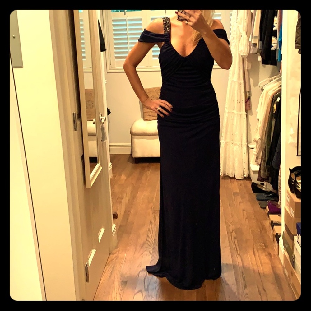 Badgley Mischka dark blue floorlength gown, V neck